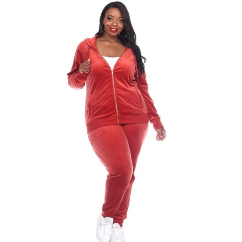 Women's Plus Size Rhinestone 2 Piece Velour Tracksuit Set Red 2X - White  Mark