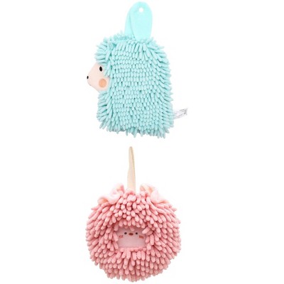 REGALWOVEN Absorbent Soft Chenille Cartoon Alpaca Fuzzy Ball Bathroom Hanging Hand Towels 7" x 7"/7" x 11" 2 Pcs