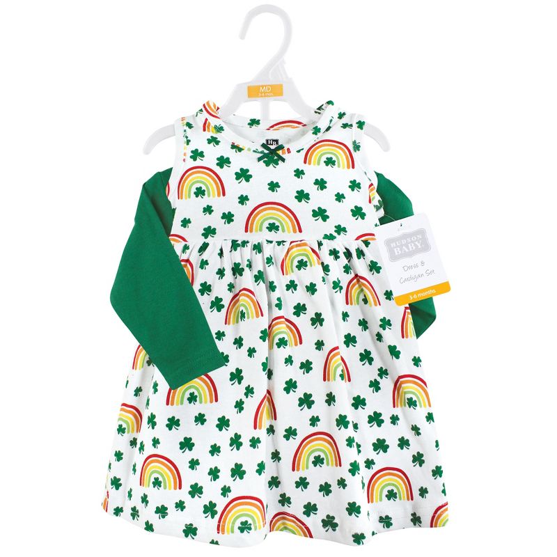 Hudson Baby Infant and Toddler Girl Cotton Dress and Cardigan Set, St Patricks Rainbow, 2 of 6