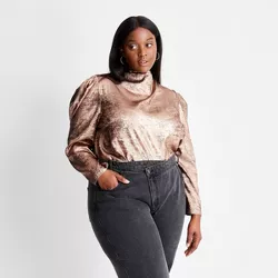 Women's Plus Size Puff Shoulder Long Sleeve Mock Neck Blouse - Future Collective™ with Kahlana Barfield Brown Copper 4X