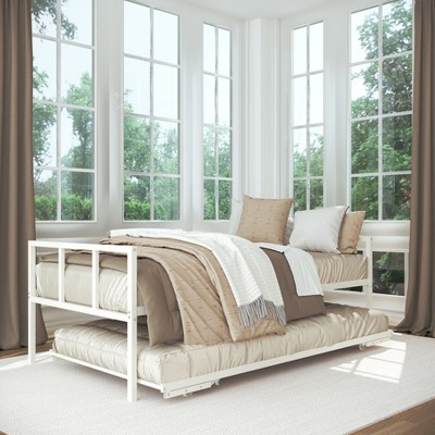 White Twin Metal Daybed with Pop-Up Trundle and Drawer