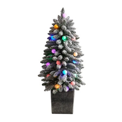 Nearly Natural 3’ Flocked Highland Fir Prelit LED Globe Lights Artificial Christmas Tree in Decorative Planter
