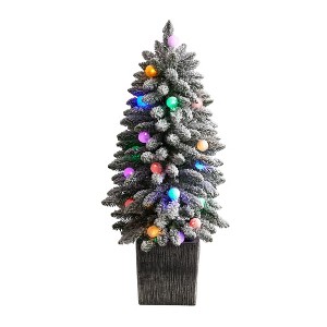 Nearly Natural 3’ Flocked Highland Fir Prelit LED Globe Lights Artificial Christmas Tree in Decorative Planter - 1 of 1