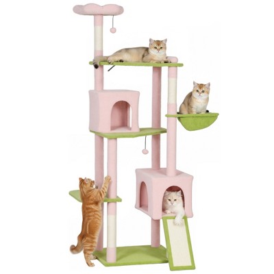 PawHut 74" Flower Cat Tree, Large Cat Tower Metal Frame Hammock, Scratcher Ramp, 3 Sisal Scratching Posts, 2 Condos, Perches, for Indoor Kittens, Pink