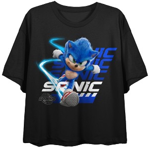 Sonic 3 Movie Sonic Running Repeat Text Women's Black Crew Neck Short Sleeve Crop Top - 1 of 3