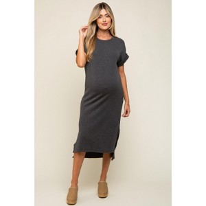 PinkBlush Charcoal Ribbed Short Sleeve Maternity Midi Dress - 1 of 4