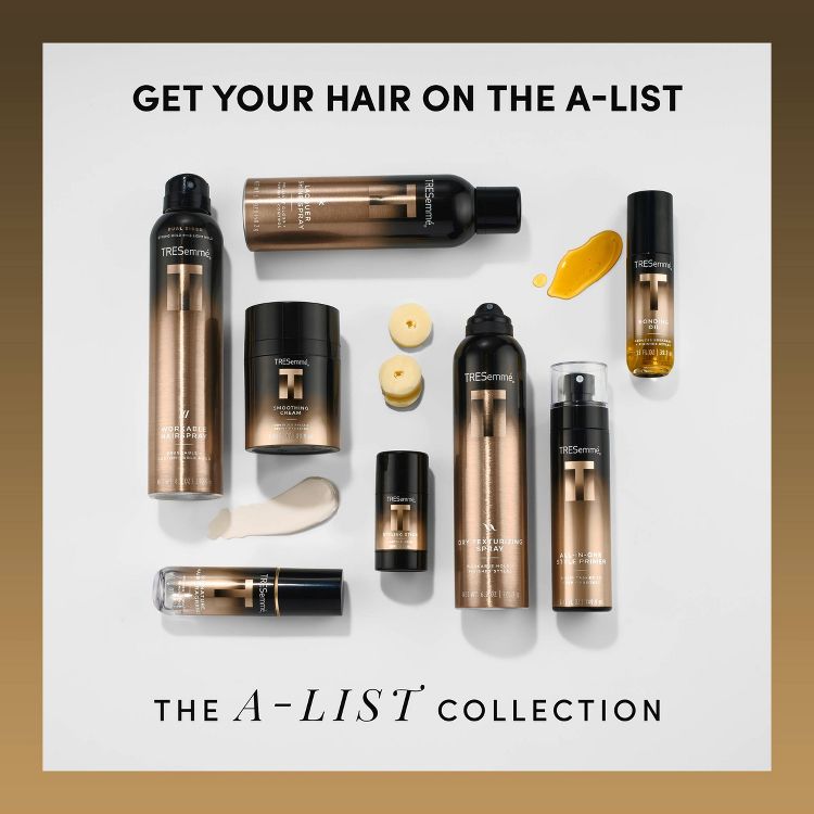 A collection of TRESemmé hair products including sprays, creams, and oils with visible text "GET YOUR HAIR ON THE A-LIST" and "THE A-LIST COLLECTION."