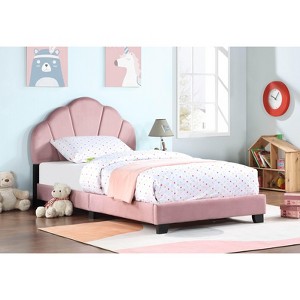 APRILSOUL Pink Upholstered Twin Size Platform Bed for Kids, Wooden Bed Frame with Slatted Bed Base, Cute Bed Frame with Shell Design Headboard. - 1 of 4
