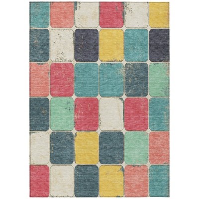 HomeRoots 10' X 14' Teal Blue Salmon And Yellow Geometric Washable Indoor Outdoor Area Rug