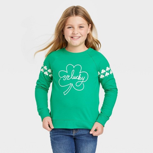 Girls' 'So Lucky' Pullover Sweatshirt - Cat & Jack™ Bright Green - image 1 of 3