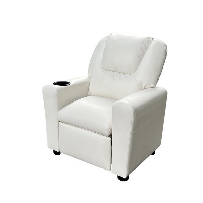GlasFlength Sofas Kids Recliner Chair with Convenient Cup Holder Easy Clean Practical for Playrooms and Bedrooms, White, 21"*23"*27"