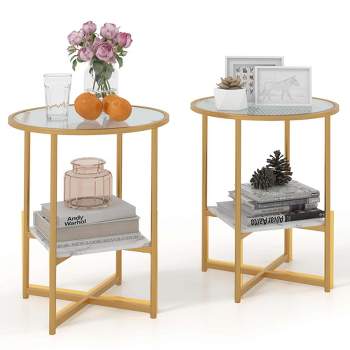 Costway 1/2PCS Glass End Table  2-Tier 20" Round Side Table with Faux Marble Storage Shelf
