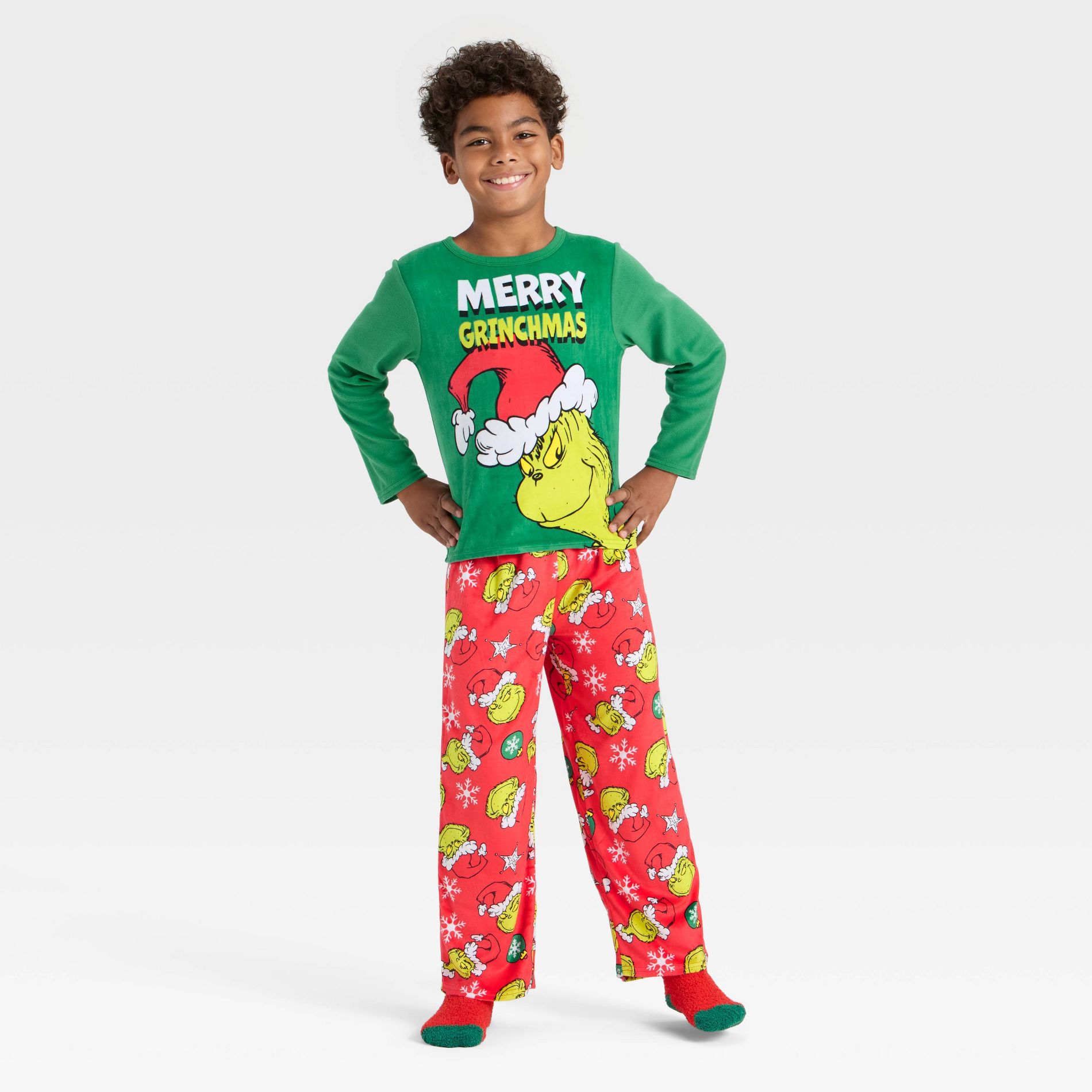 Boys' 2pc The Grinch Christmas Cozy Pajama Set with Socks - Green