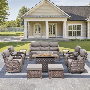 Gymojoy 10 Pieces Outdoor 6 Inch Sofa Swivel Chair Ottoman with Fire Pit Table - 1 of 4
