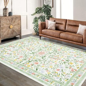 Floral Indoor Floor Rugs: Washable, Non-Slip, Ultra Thin Boho Flower Style for Living Room, Girls' Room, Nursery, Playroom - 1 of 4