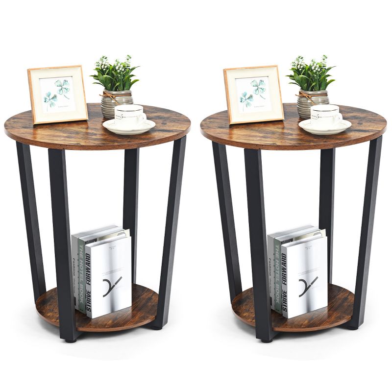Tangkula 2 PCS 2-Tier Industrial Round End Table Metal Sofa Side Table with Storage Shelf, 3 of 10