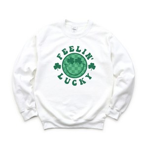 Simply Sage Market Women's Graphic Sweatshirt Feeling Lucky Checkered Smiley Face - 1 of 3