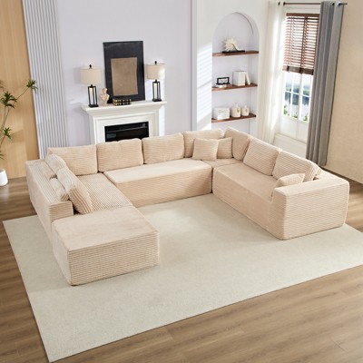 Mjkone Corduroy 141'' Deep Seat Modular Sectional Sofa, Modern 8-Seater U-Shape Sofa Couch with Moveable Ottoman