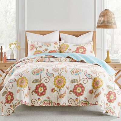 Ivory Floral Cotton Twin Quilt Set with Reversible Design