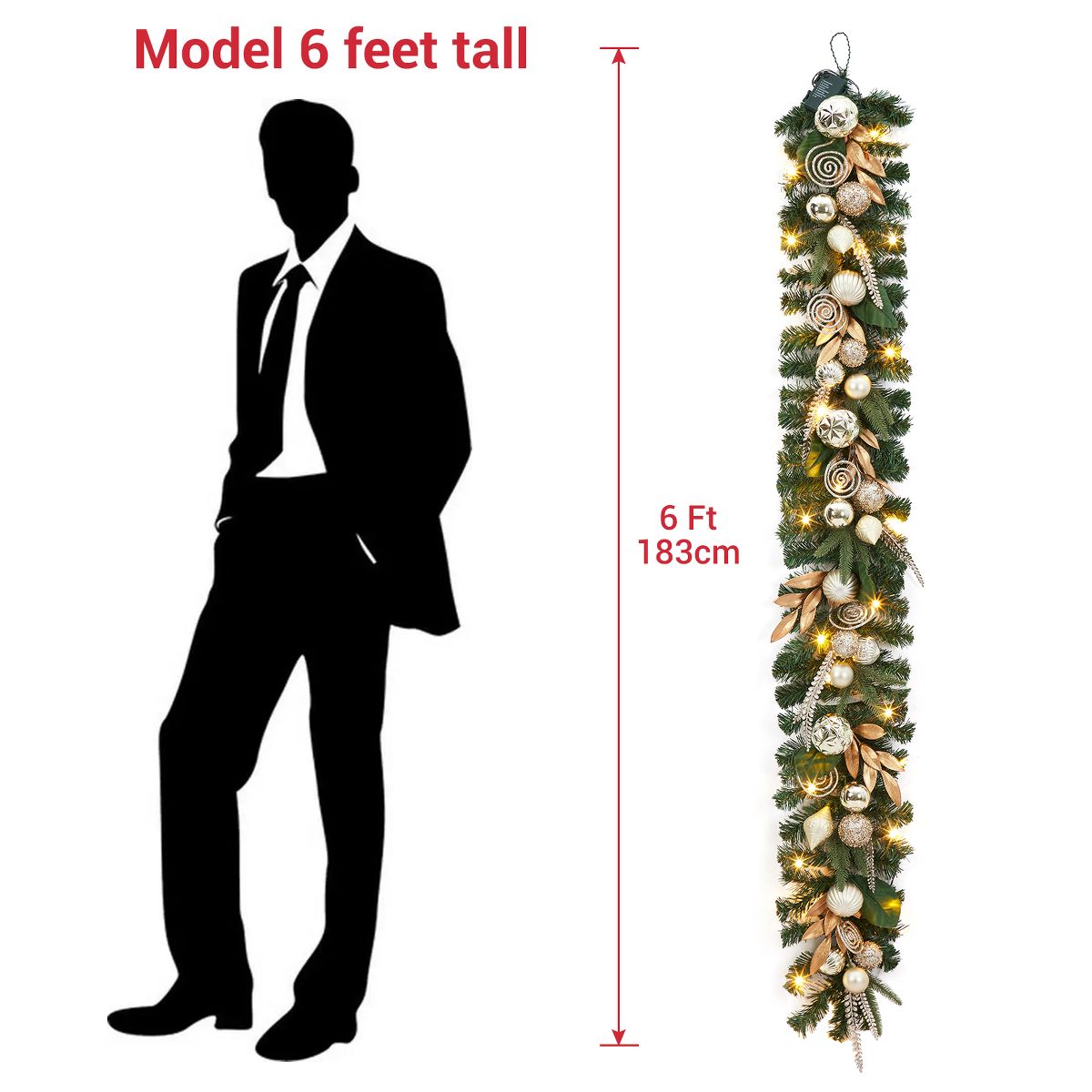 Garvee 6Ft Gold Christmas Garland with Gold Leaves & Ornaments - Modern Minimalist Artificial Pine Garland for Mantel, Staircase Holiday Decor - thumbnail 3