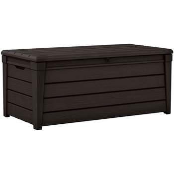 Keter Large 120 Gallon Waterproof All-Weather Resistant Wood Panel Outdoor Deck Garden Storage Box Bench - Brown