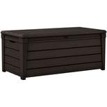 Keter Large 120 Gallon Waterproof All-Weather Resistant Wood Panel Outdoor Deck Garden Storage Box Bench - Brown