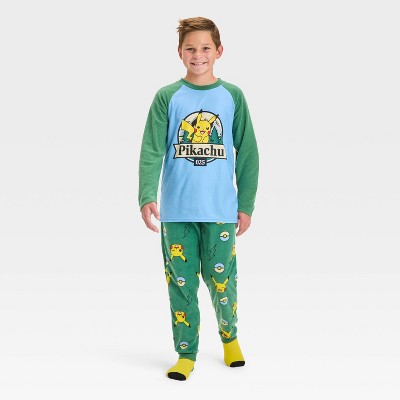 Boys' Pokemon Pikachu 2pc Cozy Pajama Set and Socks - Green M