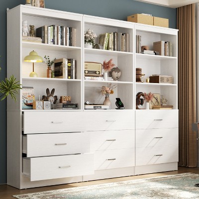 Aheaplus 71'' Tall Storage Bookcase, Bookshelf with 3-Tier Open Shelves and 3 Drawers, Wood Storage Cabinet