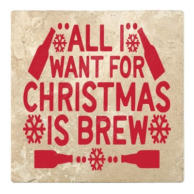 Christmas by Krebs Set of 4 Ivory and Red "ALL I WANT FOR CHRISTMAS IS BREW" Square Coasters 4"