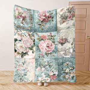 Lomsoe Christmas Vintage Floral Patchwork Print Flannel Blanket - All Seasons Soft and Warm Throw Blanket for Bed, Napping, Camping, Travel, Office - 1 of 4