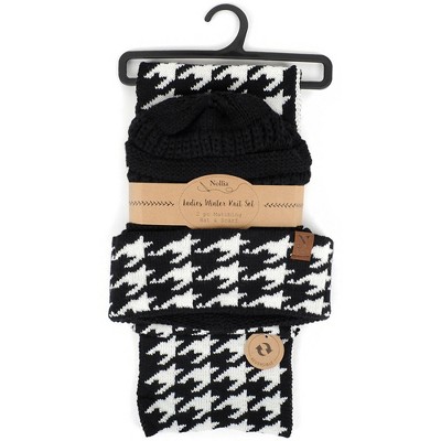 Women's Houndstooth Design 100% Acrylic Reversible Hat And Infinity Scarf Set