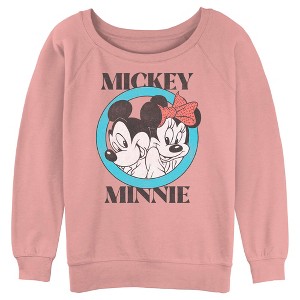 Junior's Mickey & Friends Distressed Mickey and Minnie Circle Logo Sweatshirt - 1 of 3