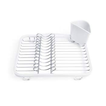 simplehuman Compact Kitchen Dish Drying Rack with Swivel Spout,  Fingerprint-Proof Stainless Steel Frame, White Plastic