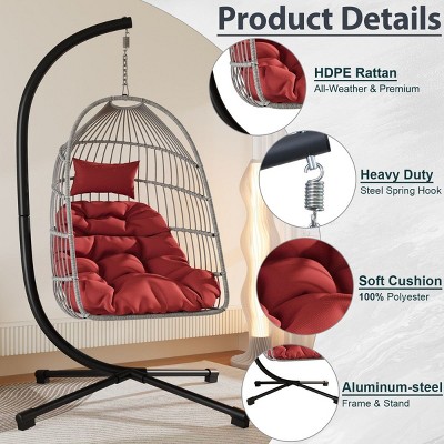 Outdoor Patio Egg Hanging Chair with Stand,Oversized Wicker Swing Chair with Cushions,Indoor Hammock Chair for Backyard Porch-Coolbibila