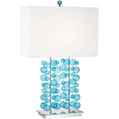 Possini Euro Design Modern Table Lamp Blue Bubble Cascade Glass Chrome Bright White Box Shade for Living Room Bedroom Family