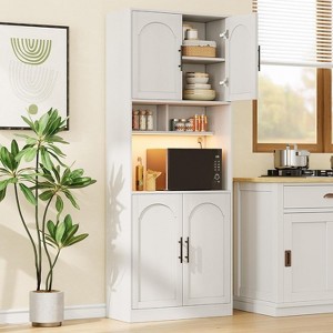 71" Pantry Cabinet, Tall Kitchen Hutch with Led Lights, Freestanding Kitchen Cabinet with Microwave Shelf White - 1 of 4