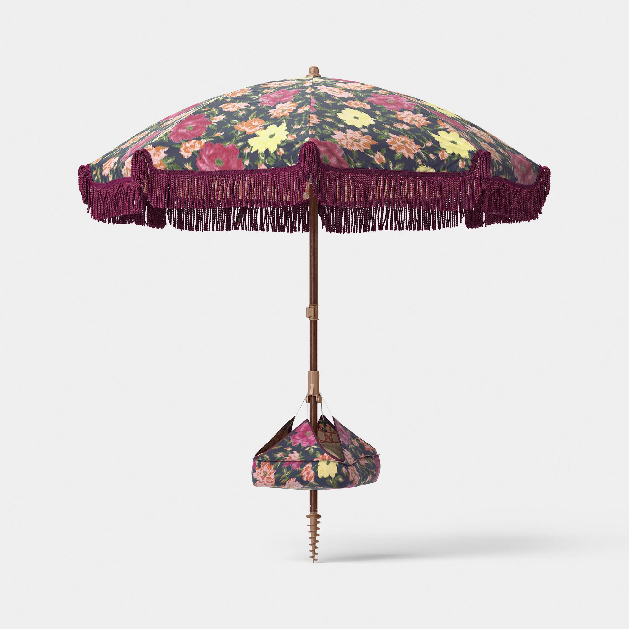 6' Round Outdoor Patio Floral Beach Umbrella with Fringe Burgundy - Threshold™