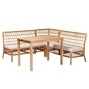 bali & pari 4pc Aina Rattan Dining Nook Set White/Light Honey/Oak Brown: Upholstered Corner Sectional, Rubberwood Frame - 1 of 4