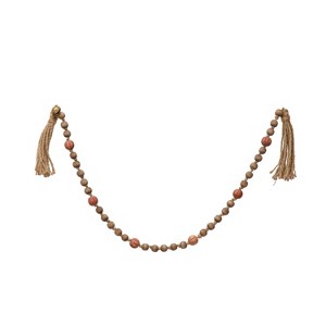 Storied Home Paulownia Wood Bead Garland with Jingle Bells and Jute Tassels, Multicolor - 1 of 2