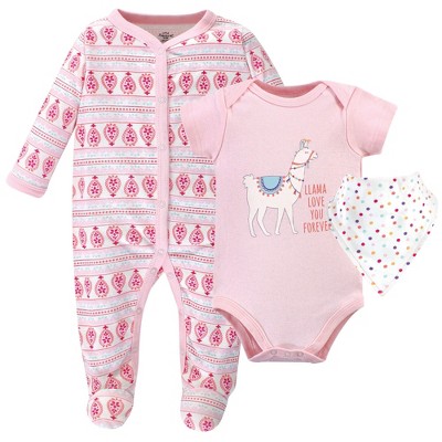 Little Treasure Baby Girl Sleep and Play, Bodysuit and Bib, Llama Love