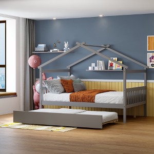 Full/Twin Size Wooden House Bed with Twin Size Trundle 4L - ModernLuxe - 1 of 4
