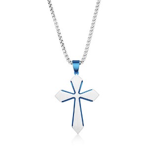 Metallo Mens Stainless Steel Brushed Cross Necklace - Blue Plated - Silver - 24 Inch - 1 of 3