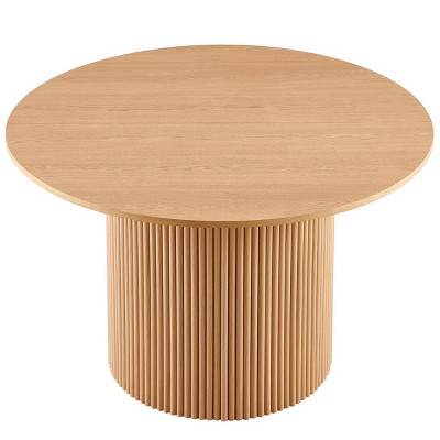 Coolbibila Mid Century Modern Round Dining Table,Farmhouse Kitchen Table With Walnut Wood Veneer Tabletop And Wood Strip Base,Metal Frame