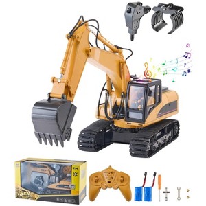 15-Channel RC Excavator 1:14 Scale, 3-in-1 Metal Bucket Digger with Light & Sound, 2 Batteries for Kids - 1 of 4