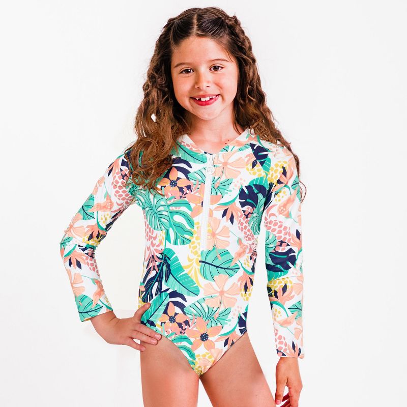 Calypsa Girl's Willa Zip-Front Rashguard Swimsuit, 1 of 2