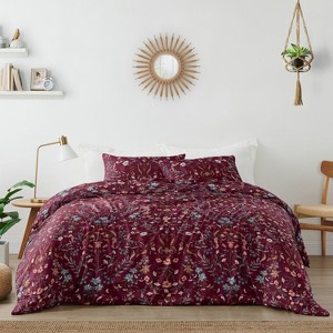 Sweet Jojo Designs Queen Duvet Cover and Shams Set Boho Floral Wildflower Red Orange and Blue 3pc - 1 of 4