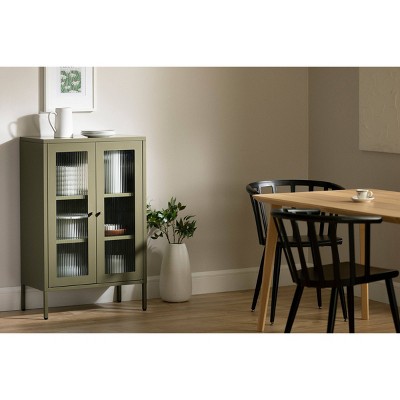 Olive Green Metal Storage Cabinet with Fluted Glass Doors