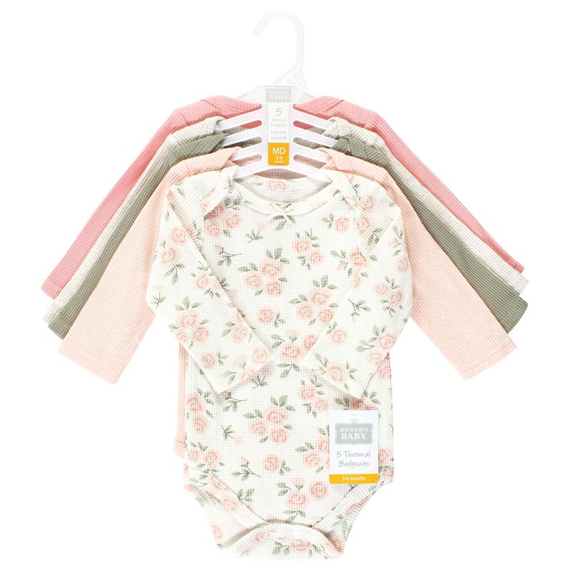 Hudson Baby Infant Girl Thermal Long Sleeve Bodysuits, Soft Pink Sage Rose, 2 of 8
