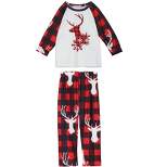 cheibear Kid's Christmas Deer Long Sleeve Tee and Plaid Pants Loungewear Family Pajama Sets