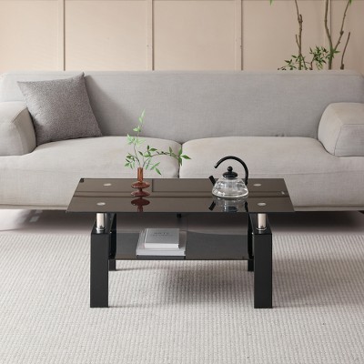 ACEPANO 39.37 in. W Rectangular 2-Layers Coffee Table with Tempered Black Glass-Transparent